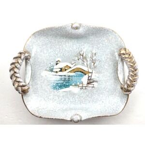 Italian Pottery Bowl Hand Painted Winter Scene Braided Handles Vintage 1940s